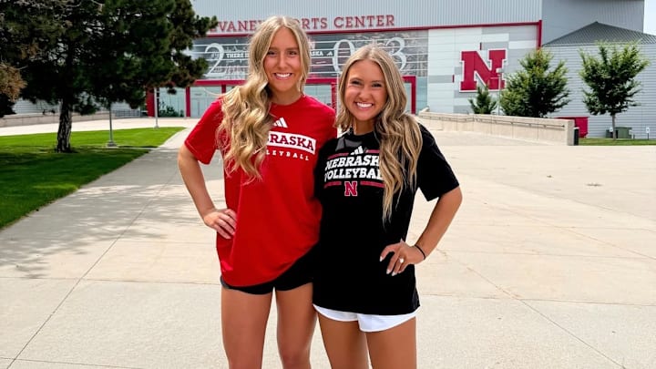 Malorie and Maisie Boesiger stand outside the Devaney Center after Malorie committed to the Huskers this season. Malorie won a state championship on Saturday in her future college home.  