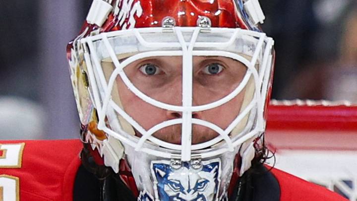 Apr 26, 2025; Sunrise, Florida, USA; Florida Panthers goaltender Sergei Bobrovsky (72) looks on against the Tampa Bay Lightning in the second period during game three of the first round of the 2025 Stanley Cup Playoffs at Amerant Bank Arena. Mandatory Credit: Nathan Ray Seebeck-Imagn Images