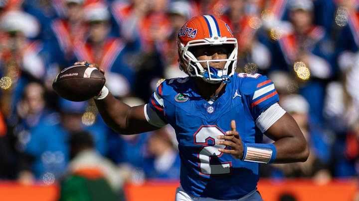 Nov 23, 2024; Gainesville, Florida, USA; Florida Gators quarterback DJ Lagway (2) throws the ball against the Mississippi Rebels during the first half at Ben Hill Griffin Stadium. Mandatory Credit: Matt Pendleton-Imagn Images Nov 23, 2024; Gainesville, Florida, USA; Florida Gators quarterback DJ Lagway (2) throws the ball against the Mississippi Rebels during the first half at Ben Hill Griffin Stadium. Mandatory Credit: Matt Pendleton-Imagn Images