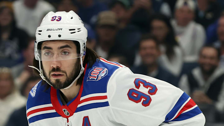 Nov 12, 2025; Tampa, Florida, USA; New York Rangers center Mika Zibanejad (93) against the Tampa Bay Lightning during the first period at Benchmark International Arena. Mandatory Credit: Kim Klement Neitzel-Imagn Images