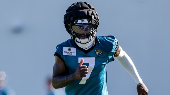 Jul 24, 2025; Jacksonville, FL, USA; Jacksonville Jaguars wide receiver Brian Thomas Jr. (7) participates in training camp at Miller Electric Center. Mandatory Credit: Nathan Ray Seebeck-Imagn Images