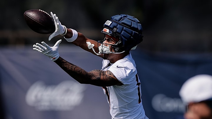 Jul 23, 2025; Englewood, CO, USA; Denver Broncos wide receiver Devaughn Vele (17) during Denver Broncos Training Camp. Mandatory Credit: Isaiah J. Downing-Imagn Images