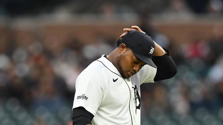 Detroit Tigers starting pitcher Framber Valdez (59) reacts after giving up back-to-back home runs against the Boston Red Sox.
