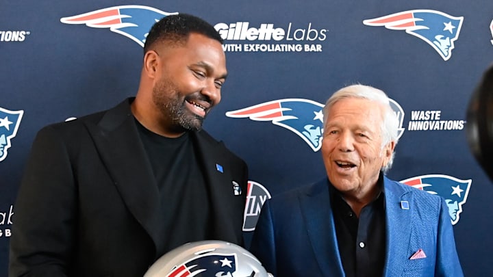 Jan 17, 2024; Foxborough, MA, USA; New England Patriots head coach Jerod Mayo (left) and owner