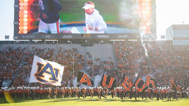 Auburn Tigers team takes the field as Auburn Tigers take on New Mexico State Aggies at Jordan-Hare Stadium in Auburn, Ala., on Saturday, Nov. 18, 2023. New Mexico State Aggies leads Auburn Tigers 10-7 at halftime.