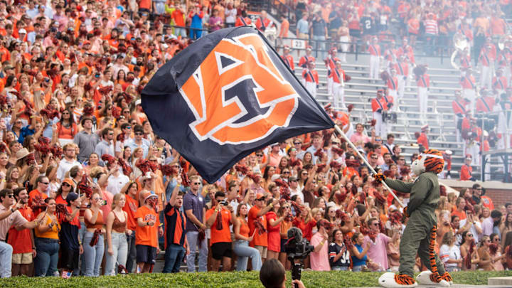 Aubie waves a flag before the game as Auburn Tigers take on Mississippi State Bulldogs at Jordan-Hare Stadium in Auburn, Ala., on Saturday, Oct. 28, 2023. Auburn Tigers defeated Mississippi State Bulldogs 27-13. Aubie waves a flag before the game as Auburn Tigers take on Mississippi State Bulldogs at Jordan-Hare Stadium in Auburn, Ala., on Saturday, Oct. 28, 2023. Auburn Tigers defeated Mississippi State Bulldogs 27-13.