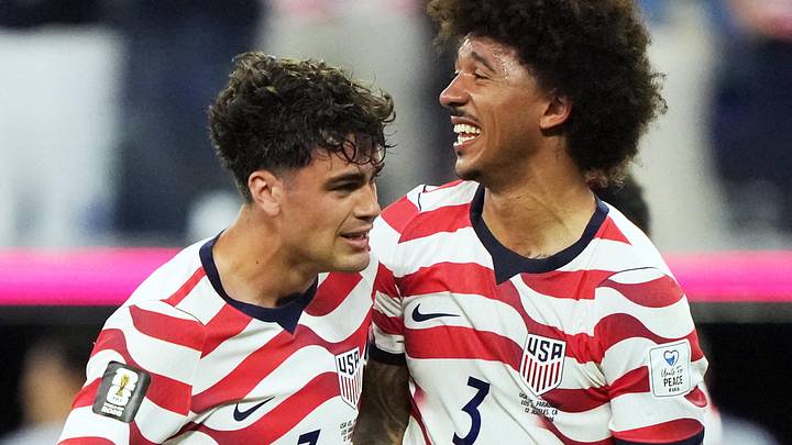  June 12, 2026; Inglewood, California, U.S.; Giovanni Reyna of the U.S. celebrates scoring their fourth goal with Chris Richards.  Mandatory Credit: Kirby Lee-Imagn Images 