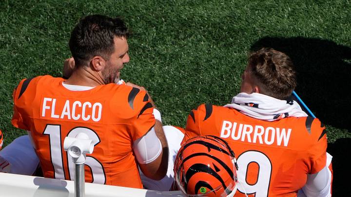 Cincinnati Bengals quarterback Joe Flacco (16) talks with quarterback Joe Burrow during the home opener against the Tampa Bay Buccaneers at Paycor Stadium on September 13, 2026. Cincinnati Bengals quarterback Joe Flacco (16) talks with quarterback Joe Burrow during the home opener against the Tampa Bay Buccaneers at Paycor Stadium on September 13, 2026.