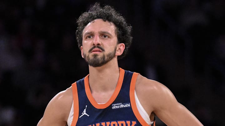 Apr 1, 2025; New York, New York, USA; New York Knicks guard Landry Shamet (44) during the first half against the Philadelphia 76ers at Madison Square Garden. Mandatory Credit: John Jones-Imagn Images