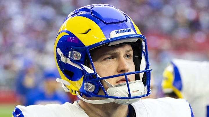 Dec 7, 2025; Glendale, Arizona, USA; Los Angeles Rams  kicker Harrison Mevis (92) against the Arizona Cardinals at State Farm Stadium. Mandatory Credit: Mark J. Rebilas-Imagn Images