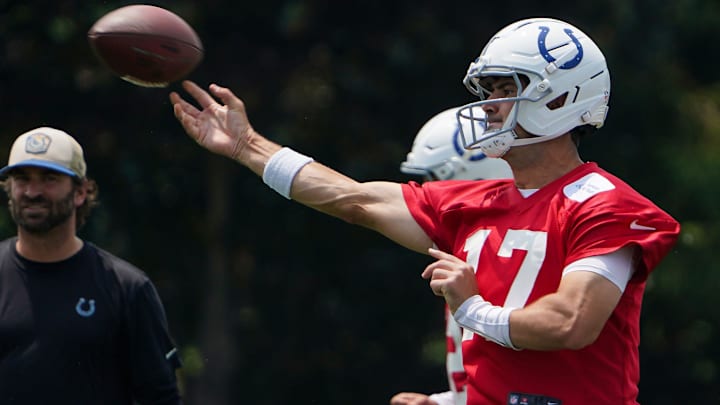 Indianapolis Colts quarterback Daniel Jones (17) throws the ball Tuesday, June 10, 2025, during NFL Colts mandatory mini camp at the Indiana Farm Bureau Football Center in Indianapolis.