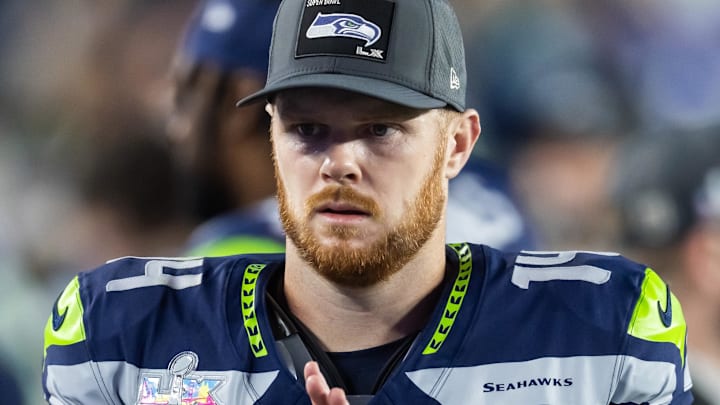 Feb 8, 2026; Santa Clara, CA, USA; Seattle Seahawks quarterback Sam Darnold (14) against the New England Patriots during Super Bowl LX at Levi's Stadium.