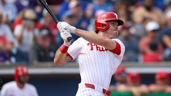 Mar 4, 2025; Clearwater, Florida, USA; Philadelphia Phillies outfielder Max Kepler (17) hits a home run against the New York Yankees in the second inning during spring training.