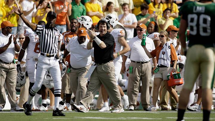 Texas Longhorns defensive coordinator Will Muschamp cheers for the defense against the Baylor Bears in the second quarter Texas Longhorns defensive coordinator Will Muschamp cheers for the defense against the Baylor Bears in the second quarter