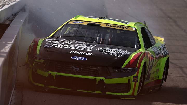 Ryan Blaney, driver of the #12 Menards/ATLAS Designer Shingles Ford, spins into the wall after an on-track incident during the NASCAR Cup Series Enjoy Illinois 300 at WWT Raceway on September 13, 2026, in Madison, Illinois. Ryan Blaney, driver of the #12 Menards/ATLAS Designer Shingles Ford, spins into the wall after an on-track incident during the NASCAR Cup Series Enjoy Illinois 300 at WWT Raceway on September 13, 2026, in Madison, Illinois.