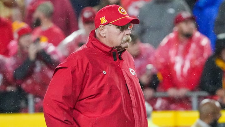 Nov 4, 2024; Kansas City, Missouri, USA; Kansas City Chiefs head coach Andy Reid watches team warm ups against the Tampa Bay Buccaneers prior to a game at GEHA Field at Arrowhead Stadium. Mandatory Credit: Denny Medley-Imagn Images