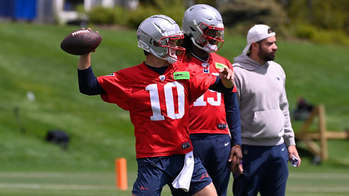 May 11, 2024; Foxborough, MA, USA; New England Patriots quarterback Drake Maye (10) throws a pass at