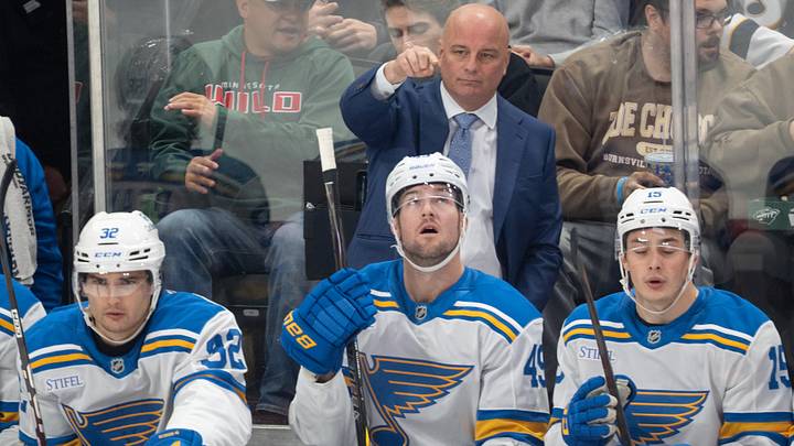 Oct 15, 2026; Saint Paul, Minnesota, USA; St. Louis Blues head coach Jim Montgomery directs players against the Minnesota Wild in the second period at Grand Casino Arena. Mandatory Credit: Matt Blewett-Imagn Images Oct 15, 2026; Saint Paul, Minnesota, USA; St. Louis Blues head coach Jim Montgomery directs players against the Minnesota Wild in the second period at Grand Casino Arena. Mandatory Credit: Matt Blewett-Imagn Images