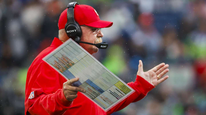 Aug 15, 2025; Seattle, Washington, USA; Kansas City Chiefs head coach Andy Reid reacts to a fourth down stop by the Seattle Seahawks during the first quarter at Lumen Field. Mandatory Credit: Joe Nicholson-Imagn Images