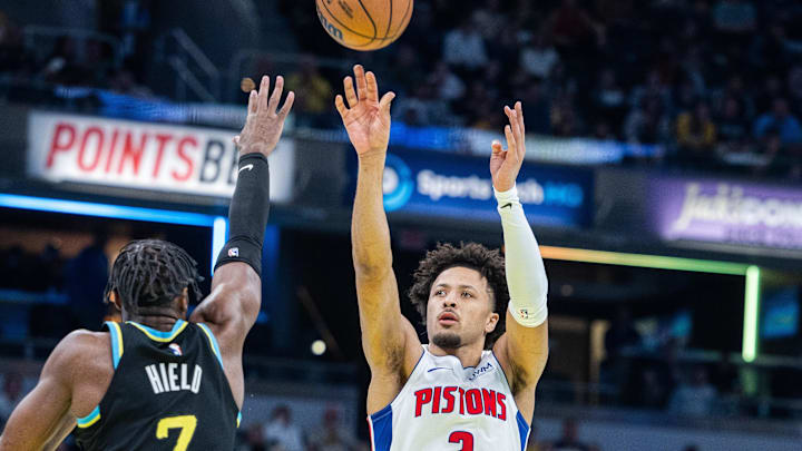 Nov 24, 2023; Indianapolis, Indiana, USA; Detroit Pistons guard Cade Cunningham (2) shoots the ball