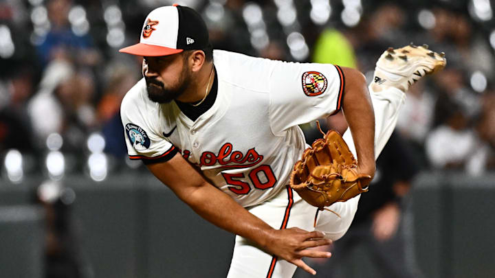 Sep 9, 2025; Baltimore, Maryland, USA; Baltimore Orioles pitcher Rico Garcia (50) delivers a pitch during the eighth inning against the Pittsburgh Pirates at Oriole Park at Camden Yards. Mandatory Credit: James A. Pittman-Imagn Images Sep 9, 2025; Baltimore, Maryland, USA; Baltimore Orioles pitcher Rico Garcia (50) delivers a pitch during the eighth inning against the Pittsburgh Pirates at Oriole Park at Camden Yards. Mandatory Credit: James A. Pittman-Imagn Images