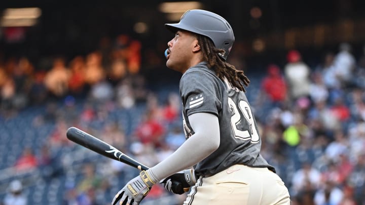 Aug 10, 2024; Washington, District of Columbia, USA; Washington Nationals left fielder James Wood (29) watches a home run during the second inning against the Los Angeles Angels at Nationals Park. Aug 10, 2024; Washington, District of Columbia, USA; Washington Nationals left fielder James Wood (29) watches a home run during the second inning against the Los Angeles Angels at Nationals Park.