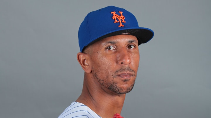 Feb 20, 2025; Port St. Lucie, FL, USA; New York Mets pitcher Anthony Gose (99) poses for a photo during picture day at Clover Park. Mandatory Credit: Sam Navarro-Imagn Images
