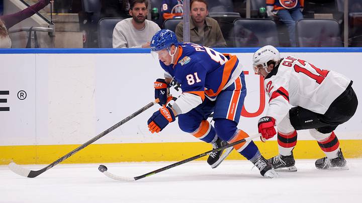 Oct 3, 2026; Elmont, New York, USA; New York Islanders left wing Ondrej Palat (81) skates with the puck against New Jersey Devils center Cody Glass (12) during the first period at UBS Arena. Mandatory Credit: Brad Penner-Imagn Images Oct 3, 2026; Elmont, New York, USA; New York Islanders left wing Ondrej Palat (81) skates with the puck against New Jersey Devils center Cody Glass (12) during the first period at UBS Arena. Mandatory Credit: Brad Penner-Imagn Images