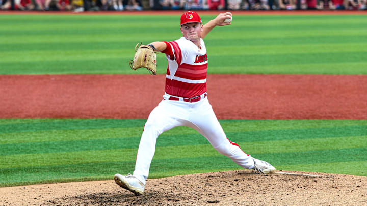 Louisville baseball pitcher Ty Starke vs. Miami in game two of the 2025 Louisville Super Regional. Louisville baseball pitcher Ty Starke vs. Miami in game two of the 2025 Louisville Super Regional.