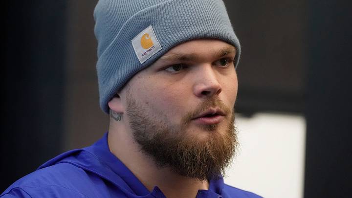 Bills offensive tackle Alec Anderson talks with media after a press conference at the Bills field house in Orchard Park on Jan. 29, 2026 that introduced Joe Brady as the new head coach.