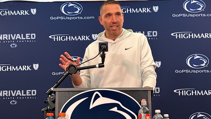 Penn State Nittany Lions football coach Matt Campbell speaks at a press conference at Beaver Stadium.