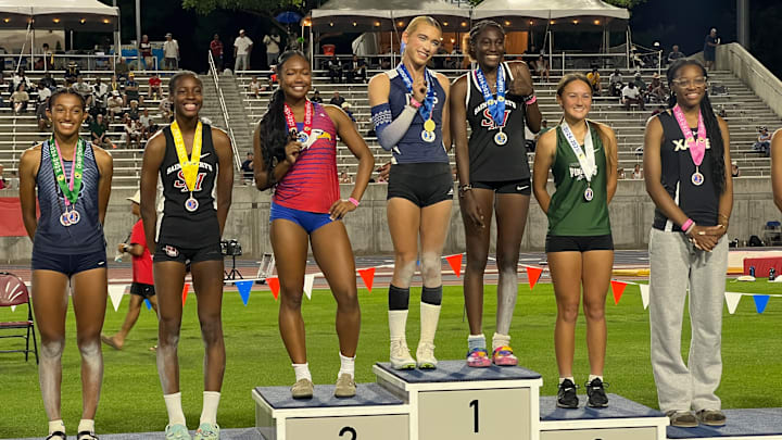 The California (CIF) triple jump podium near the end of the 105th state championships at Buchanan High School in Clovis. AB Hernandez (left) and Kira Gant Hatcher are on the top (No. 1 stand). 