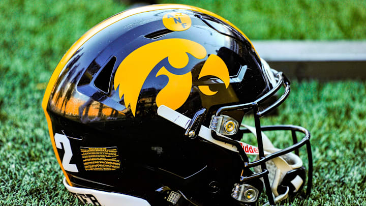 Sep 18, 2021; Iowa City, Iowa, USA; A Hawkeye helmet sits on the sidelines during the game between the Iowa Hawkeyes and the Kent State Golden Flashes at Kinnick Stadium. Mandatory Credit: Jeffrey Becker-Imagn Images