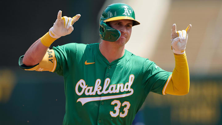 Aug 24, 2024; Oakland, California, USA; Oakland Athletics outfielder JJ Bleday (33) gestures toward the Oakland Athletics dugout after hitting a one run home run against the Milwaukee Brewers during the first inning at Oakland-Alameda County Coliseum. Mandatory Credit: Robert Edwards-Imagn Images Aug 24, 2024; Oakland, California, USA; Oakland Athletics outfielder JJ Bleday (33) gestures toward the Oakland Athletics dugout after hitting a one run home run against the Milwaukee Brewers during the first inning at Oakland-Alameda County Coliseum. Mandatory Credit: Robert Edwards-Imagn Images