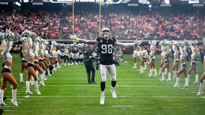Dec 7, 2025; Paradise, Nevada, USA; Las Vegas Raiders defensive end Maxx Crosby (98) takes the field prior to a game against the Denver Broncos at Allegiant Stadium. Dec 7, 2025; Paradise, Nevada, USA; Las Vegas Raiders defensive end Maxx Crosby (98) takes the field prior to a game against the Denver Broncos at Allegiant Stadium.
