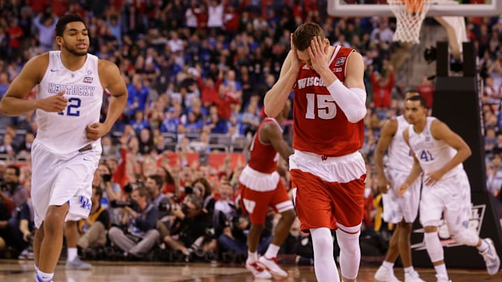 Wisconsin Badgers forward Sam Dekker (15) reacts after hitting a key three point shot with about 1:30 remaining during their second half of their NCAA Final Four tournament college basketball semifinal game Saturday, April 4 2015 at Lucas Oil Stadium in Indianapolis, Ind. MARK HOFFMAN/MHOFFMAN@JOURNALSENTINEL.COM