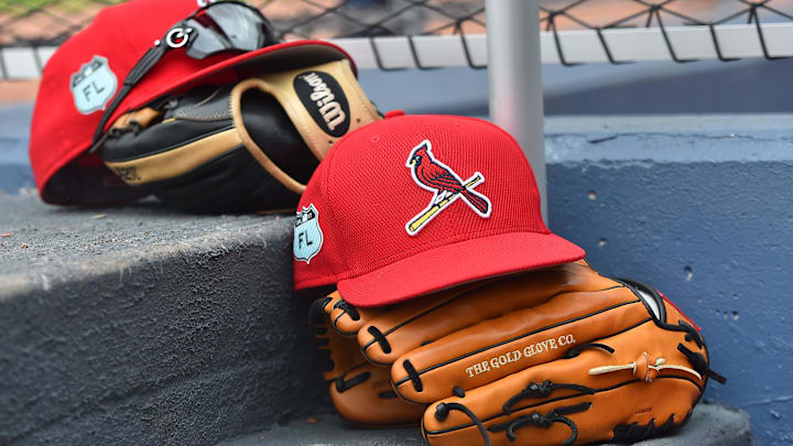 Mar 3, 2017; West Palm Beach, FL, USA; A view of St. Louis Cardinals hats and gloves on the steps of the dugout in the game against the Washington Nationals at The Ballpark of the Palm Beaches. Mandatory Credit: Jasen Vinlove-Imagn Images