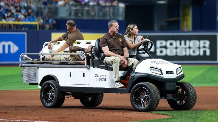 San Diego Padres second baseman Luis Rengifo (21) is carted off the field against the Tampa Bay Rays in the seventh inning  at Tropicana Field on Aug. 29, 2026.