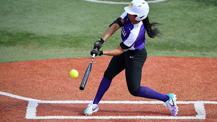 Aleshia Ocasio, AUSL All-Star Cup pitcher and Blue team captain of Series 1, hits a home run during an Athletes Unlimited Pro Softball Championship (the former name of the league before 2025) final weekend game at Parkway Bank Sports Complex on Sep. 28, 2020 in Rosemont, Ill.