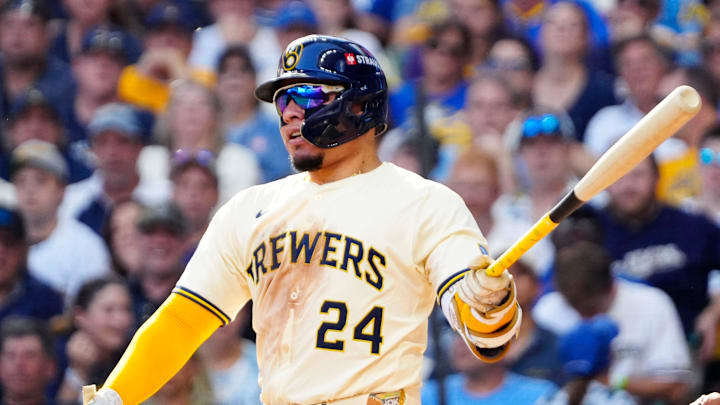 Milwaukee Brewers catcher William Contreras (24) grounds into a double play during the fifth inning of the National League Division Series game against the Chicago Cubs on Saturday October 4, 2025 at American Family Field in Milwaukee, Wisconsin. Milwaukee Brewers catcher William Contreras (24) grounds into a double play during the fifth inning of the National League Division Series game against the Chicago Cubs on Saturday October 4, 2025 at American Family Field in Milwaukee, Wisconsin.