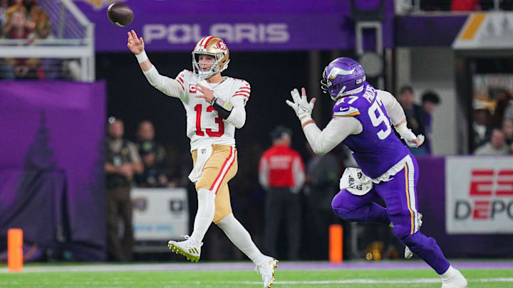 Oct 23, 2023; Minneapolis, Minnesota, USA; San Francisco 49ers quarterback Brock Purdy (13) passes
