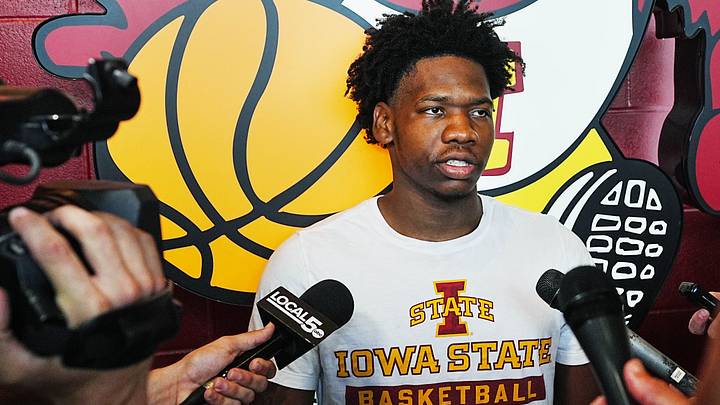 Iowa State’s Jaquan Johnson talks to media during the men’s basketball media availability at the university’s Sukup Basketball complex on July 28, 2026, in Ames, Iowa