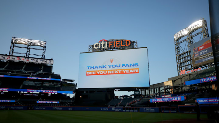 Oct 1, 2023; New York City, New York, USA; A sign on the scoreboard thanks fans after the last game of the season at Citi Field. The Philadelphia Phillies defeated the New York Mets 9-1 in the season finale. Mandatory Credit: Brad Penner-Imagn Images