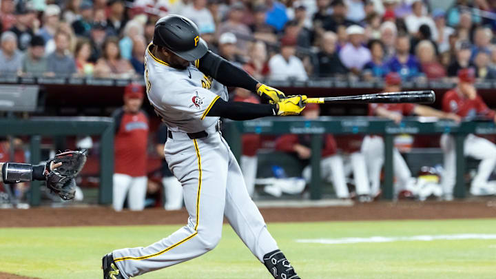 May 28, 2025; Phoenix, Arizona, USA; Pittsburgh Pirates outfielder Alexander Canario against the Arizona Diamondbacks in at Chase Field. Mandatory Credit: Mark J. Rebilas-Imagn Images