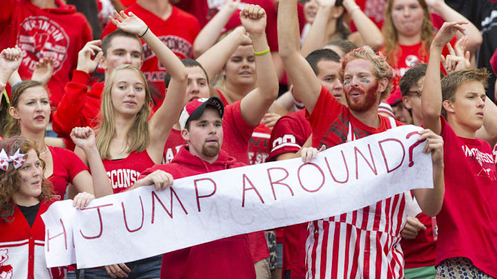 Sep 20, 2014; Madison, WI, USA; Wisconsin Badgers fans take part in the traditional Jump Around between the third and fourth quarters against the Wisconsin Badgers at Camp Randall Stadium. Sep 20, 2014; Madison, WI, USA; Wisconsin Badgers fans take part in the traditional Jump Around between the third and fourth quarters against the Wisconsin Badgers at Camp Randall Stadium.