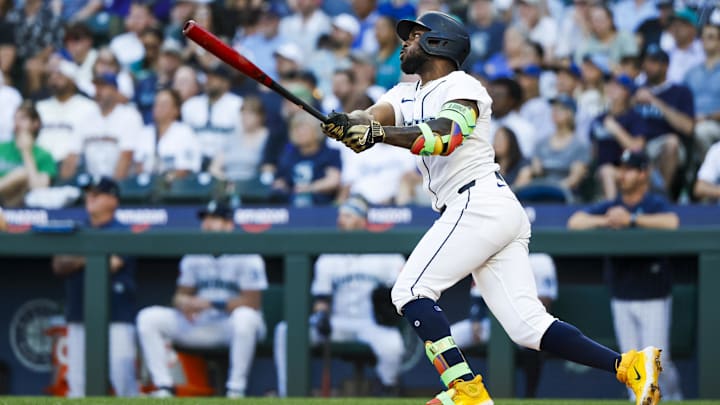 Seattle Mariners left fielder Randy Arozarena hits a home run during a game against the Kansas City Royals on June 30 at T-Mobile Park.