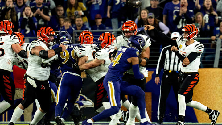 Cincinnati Bengals quarterback Joe Burrow (9) throws a pass in the first quarter of the NFL game against the Baltimore Ravens at M&T Banks Stadium in Baltimore on Thursday, Nov. 7, 2024.