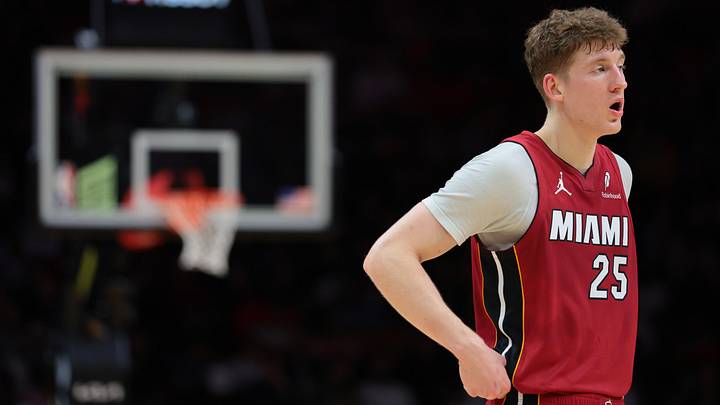 Feb 9, 2026; Miami, Florida, USA; Miami Heat guard Kasparas Jakucionis (25) looks on against the Utah Jazz during the second quarter at Kaseya Center. Mandatory Credit: Sam Navarro-Imagn Images Feb 9, 2026; Miami, Florida, USA; Miami Heat guard Kasparas Jakucionis (25) looks on against the Utah Jazz during the second quarter at Kaseya Center. Mandatory Credit: Sam Navarro-Imagn Images
