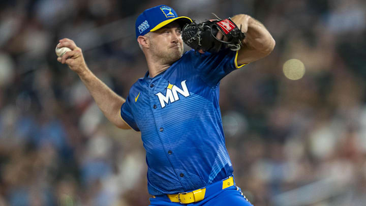 Aug 2, 2024; Minneapolis, Minnesota, USA; Minnesota Twins pitcher Trevor Richards (32) delivers a pitch against the Chicago White Sox in the ninth inning at Target Field Aug 2, 2024; Minneapolis, Minnesota, USA; Minnesota Twins pitcher Trevor Richards (32) delivers a pitch against the Chicago White Sox in the ninth inning at Target Field