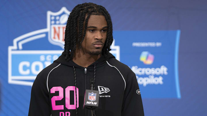 Feb 26, 2026; Indianapolis, IN, USA; Tennessee defensive back Jermod McCoy (DB20) speaks to media members during the NFL Combine at the Indiana Convention Center. Mandatory Credit: Jacob Musselman-Imagn Images